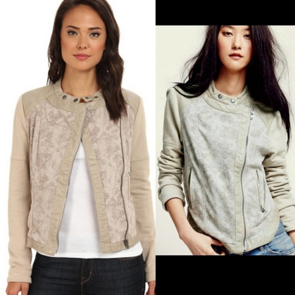 Free People Jackets & Blazers - Free People Tan Brocade Vegan Leather Moto Jacket Size 6